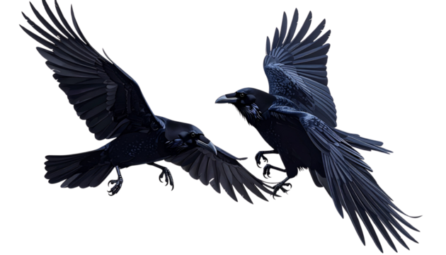 Double Raven Flight Motion Dynamic Feather Spread, isolated on transparent background