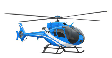 Blue and White Helicopter With Rotor Blades On A Black Background