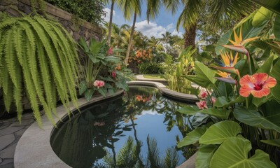 Tropical garden with reflecting pools. Lush greenery, colorful flowers, and serene water features create a tranquil oasis
