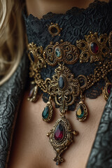 Obraz premium Elegant Lace Choker with Ornate Gold Jewelry and Gemstones