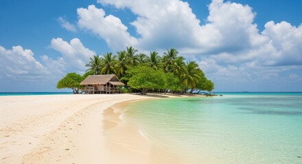 Tropical island paradise with a simple hut.  Tranquil beach scene under a vibrant sky