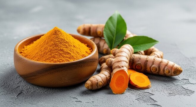 Turmeric powder in a wooden bowl, alongside fresh turmeric roots
