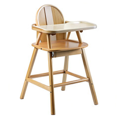 Classic wooden high chair for baby mealtime safety and comfort isolated product photography