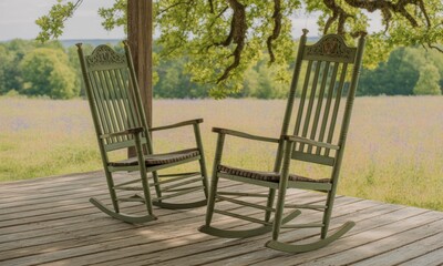 Two antique-style rocking chairs on a porch overlooking a field of wildflowers