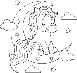 Illustration of a Magical Unicorn Resting on the Moon. Dreamy Printable Coloring Sheet for Children. Bold and Easy Coloring Page for Kids.