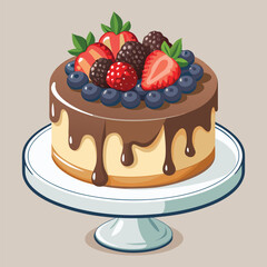 Realistic Cake Illustration,Chocolate and Berry Dessert Cake Vector,Fresh Fruit Cake Vector,Tasty Dessert Cake Illustration,