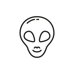A black alien head icon with large oval eyes curved mouth and two small marks above The background is white