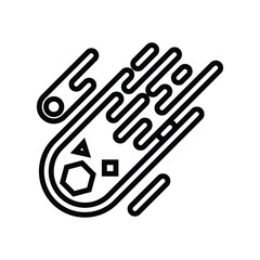 A black line illustration of a cometlike object with geometric shapes embedded within its curved path