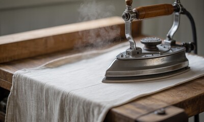 Vintage steam iron on linen fabric