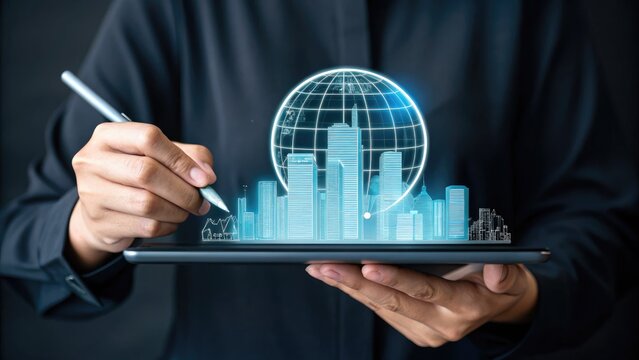 Future city design on tablet with global network, smart city concept.