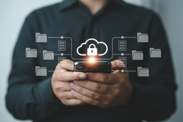 Cloud security data protection concept man using smartphone for secure file transfer and storage online