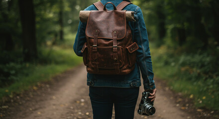 Backpacker With Camera Hiking on a Forest Path