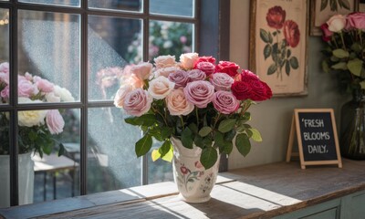 Roses in a vase by a window