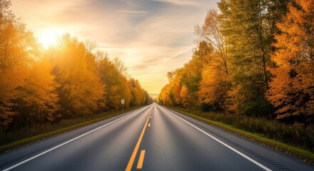 Scenic autumn highway at sunrise.  Golden foliage lines a straight road stretching into a vibrant sunrise