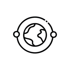 A black Earth icon with a thick outline surrounded by a circular orbit with two circles and a dot