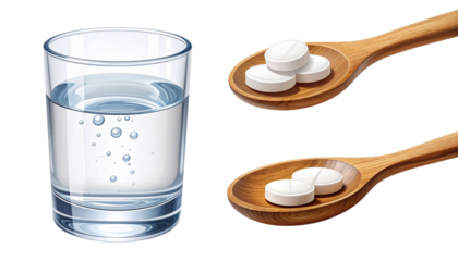 Set of White Pills Floating Above Glass of Water and Wooden Spoon, isolated on transparent background