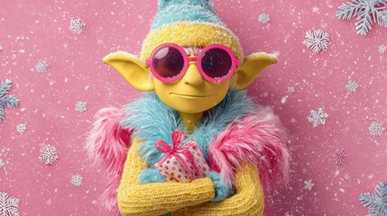A colorful elf character with yellow skin, large ears, and pink sunglasses. The elf wears a fluffy blue and pink outfit against a pink background with snowflakes.