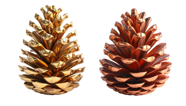 Gold and Copper Pinecones with Different Shapes, isolated on transparent background 