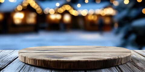 Fototapeta premium Cozy winter scene at a snowy christmas market, with twinkling lights and european stalls. Perfect for showcasing holiday products. Ready for product montage