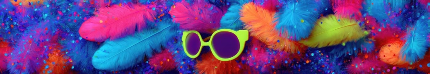 Colorful feathers in vibrant shades of pink, blue, and orange with a pair of yellow sunglasses resting on top. A playful and festive scene.
