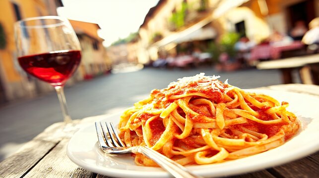 Savoring authentic Italian tagliatelle pasta with rich tomato sauce and a glass of red wine on a rustic wooden table, capturing the essence of a charming European dining experience outdoors.