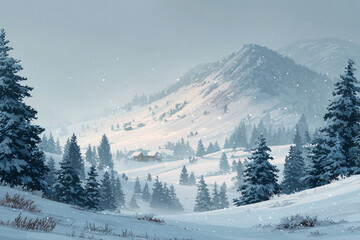 Digital illustration of a snowy winter landscape with soft hills, pine trees, and gentle snowfall, seamless background, calm festive mood

