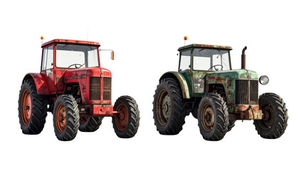 Obraz premium Two Classic Farm Tractors Side by Side, isolated on transparent background