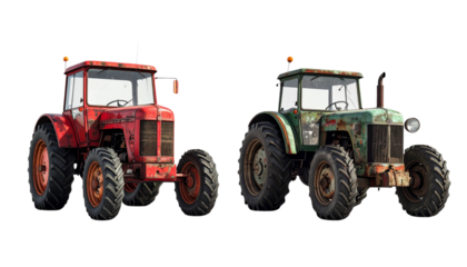Two Classic Farm Tractors Side by Side, isolated on transparent background
