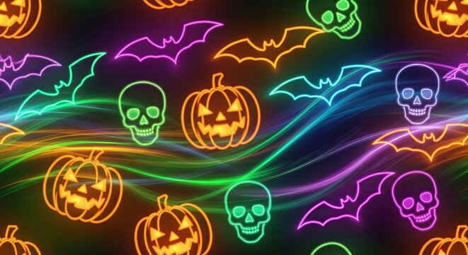 Neon halloween pattern with pumpkins, bats, and skulls on a dark background