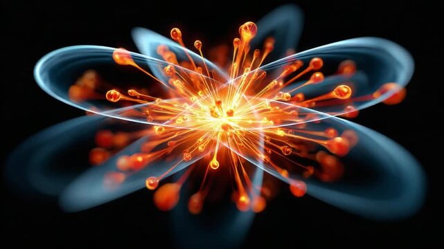Radiant Energy Unleashed: An artistic rendering of an atomic structure showcases a central nucleus bursting with intense energy, its swirling energy patterns dancing against a dark, endless backdrop.