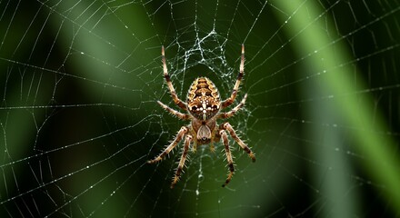 Main Subject: A large, detailed Garden Orb-Weaver spider (likely Araneus diadematus or a similar species) positioned centrally in its web.

Unique Features: The spider has a distinct, patterned abdome