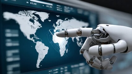 Digital Frontier: An advanced robotic hand interacting with a digital world map on a computer screen. - Powered by Adobe