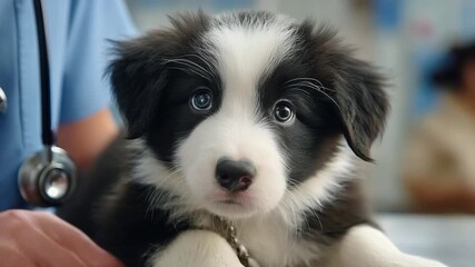 Puppy's Checkup: A cute puppy with stunning blue eyes awaits a checkup, it's an intimate glimpse into the care and love of the veterinarian environment.