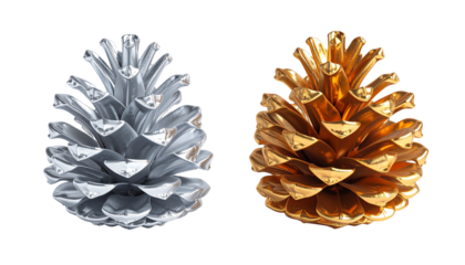  Gold and Copper Pinecones with Different Shapes, isolated on transparent background
