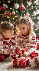 kids in matching christmas sweaters searching for gifts under big decorated tree, smiling, cozy home background, festive holiday atmosphere