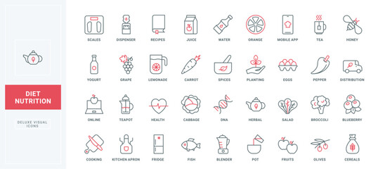 Diet line icons set. Healthy nutrition for weight loss, scales and kitchen equipment for food and drink cooking, nutrients and vitamins in meal thin black and red outline symbols vector illustration