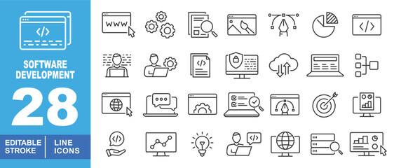 Software Development set of web icons in line style. Containing Globe, Setting, Chart, Document, Lock, Laptop, Database and more. Editable stroke icons collection.