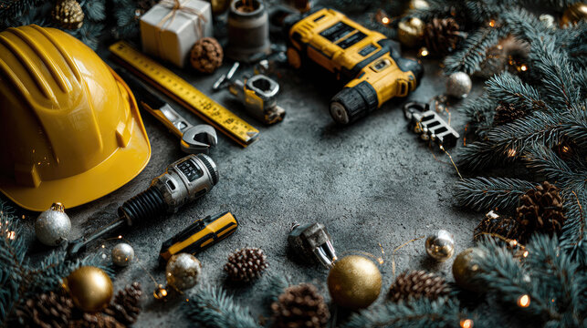 Yellow hard hat, adjustable wrench, pliers, blueprint and various Christmas decorations lying on a gray surface, celebrating Christmas in the construction industry