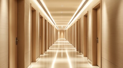 Fototapeta premium Modern hotel corridor with wooden accents.
