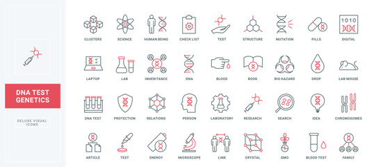 Genetic analysis, chemistry and biotechnology, pharmaceutical research line icons set. DNA structure and chromosome test, animal experiment, GMO thin black and red outline symbols vector illustration