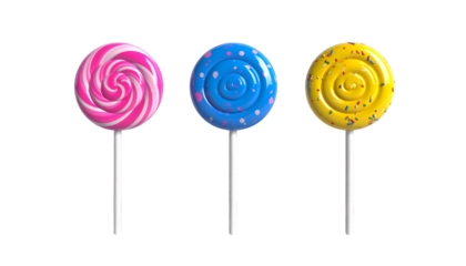  Three Colorful Lollipops Set with Swirl, Polka Dot, and Sprinkles, isolated on transparent background