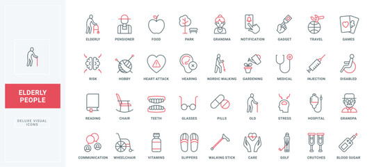 Care for elderly line icons set. Grandpa and grandma avatars, food and medical service, gymnastics and hygiene, help with stress and heart attack thin black and red outline symbols vector illustration