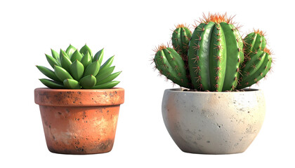 Pair of Succulent and Prickly Cactus in Modern Pot Display, isolated on transparent background.
