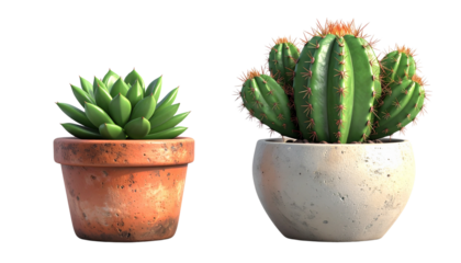 Pair of Succulent and Prickly Cactus in Modern Pot Display, isolated on transparent background.