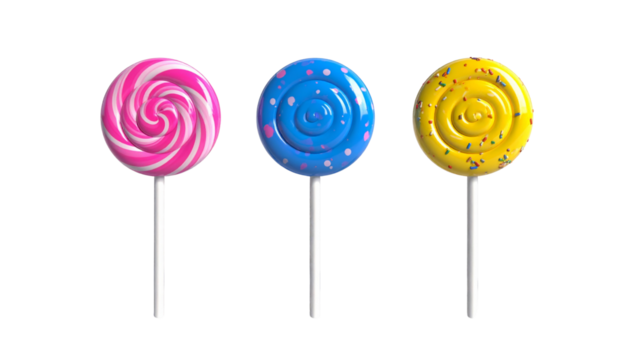  Three Colorful Lollipops Set with Swirl, Polka Dot, and Sprinkles, isolated on transparent background - Powered by Adobe