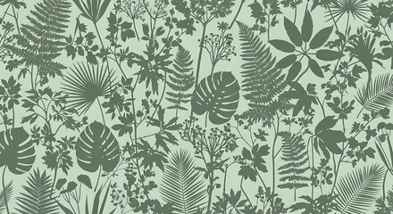 Detailed leafy canopy in muted green tones evoking a natural pattern and tranquil atmosphere that is organic and dense