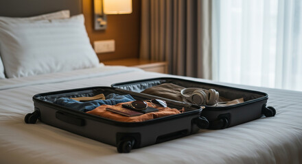 Suitcase Open on a Hotel Bed Preparing for Travel and Adventure with Clothes and Essentials