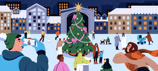 People walk on city square at Xmas night. Happy families with kids stroll on street with decorated Christmas tree. Snow evening in European cityscape at winter holidays. Flat vector illustration © Paper Trident