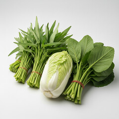 foe sale, Fresh bundles of water spinach, napa cabbage, and Chinese kale—neatly arranged on a white surface for cooking or market display