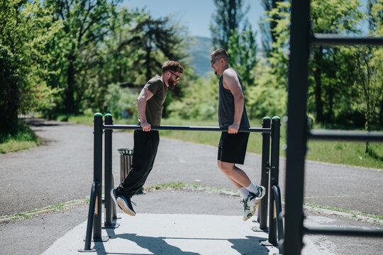 Two individuals engage in calisthenics exercises on parallel bars at an outdoor fitness park surrounded by greenery and a clear sky, promoting health, friendship, and outdoor physical activity. - Powered by Adobe